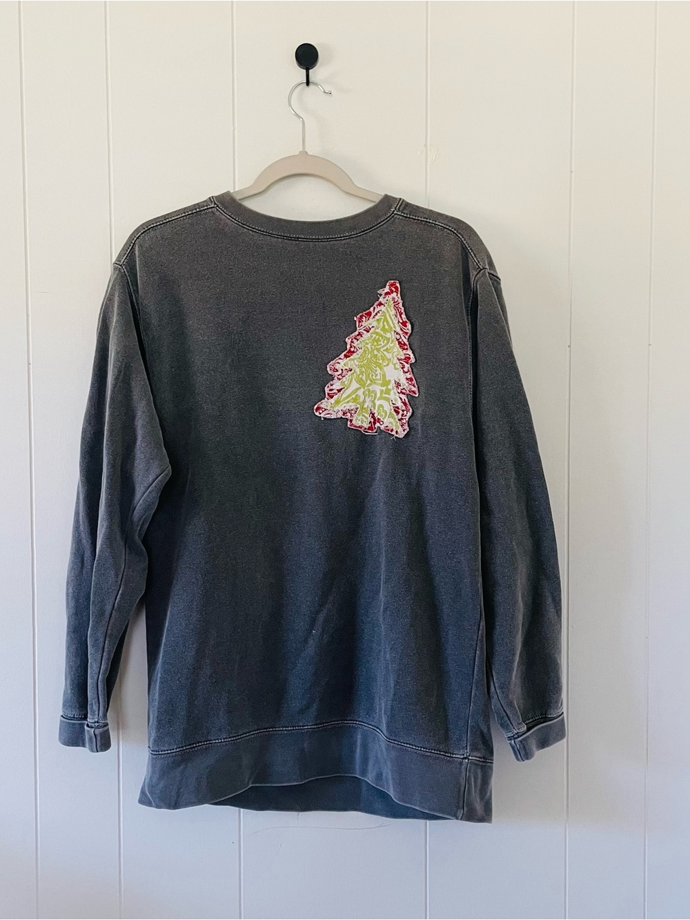 Comfort Colors Charcoal Crewneck Sweater with Red & Lime Tree Patch
